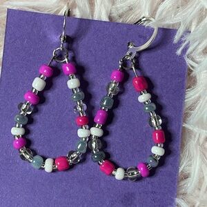 Pink, White & Blue Beaded Hoops | Handmade